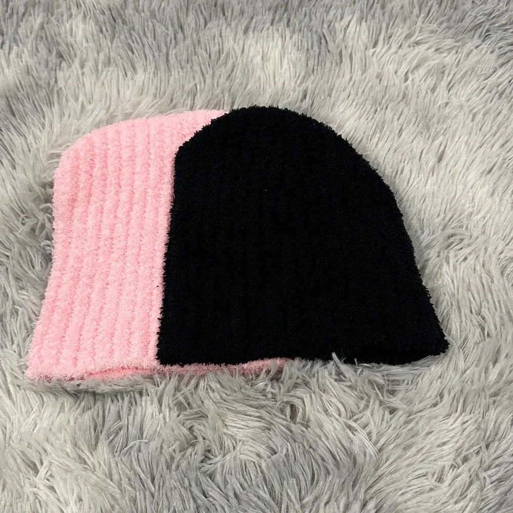 Cozy Pink and Black Kids Beanie Set